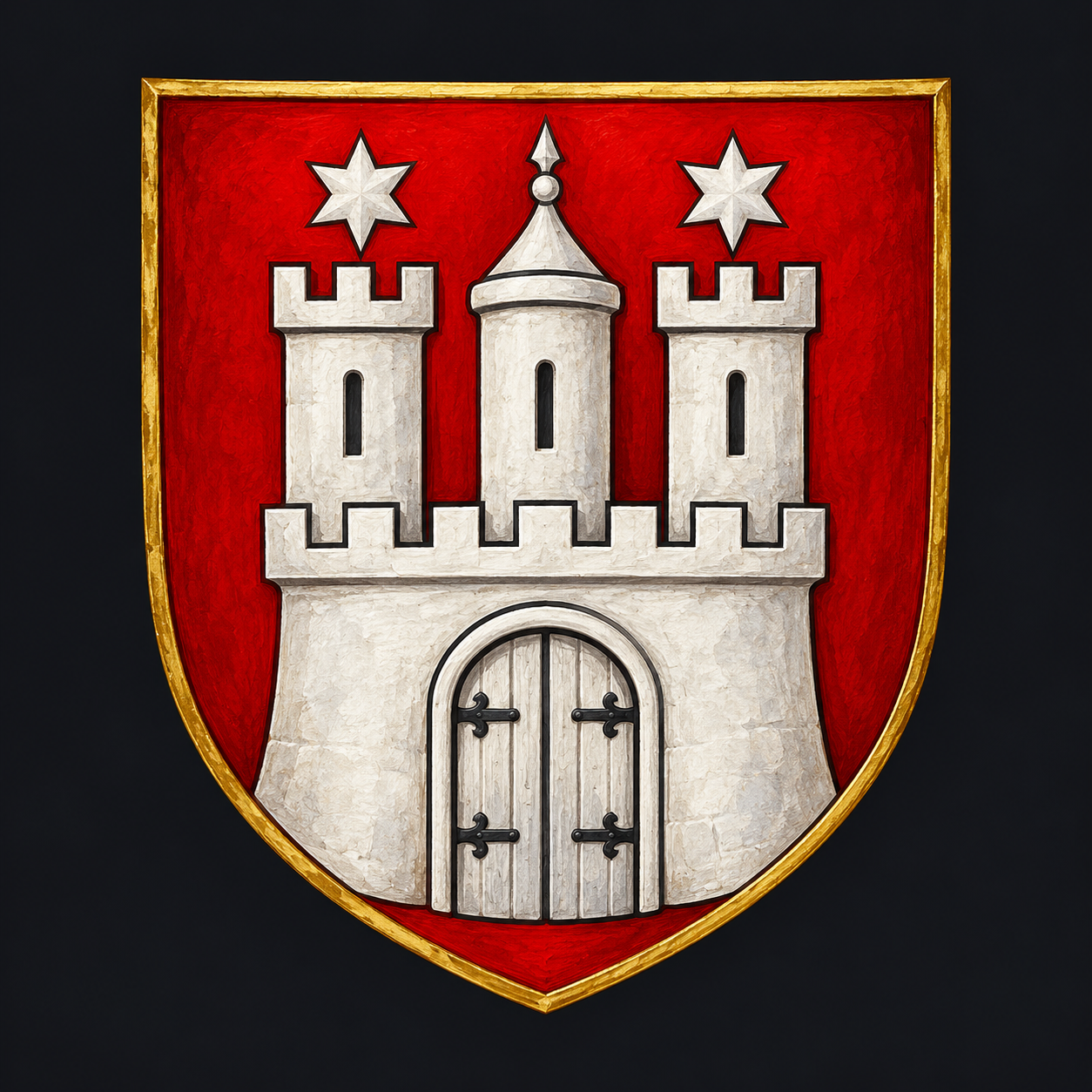 Painted Hamburg heraldic shield: silver three-towered gate and two stars on red, adapted for the campaign