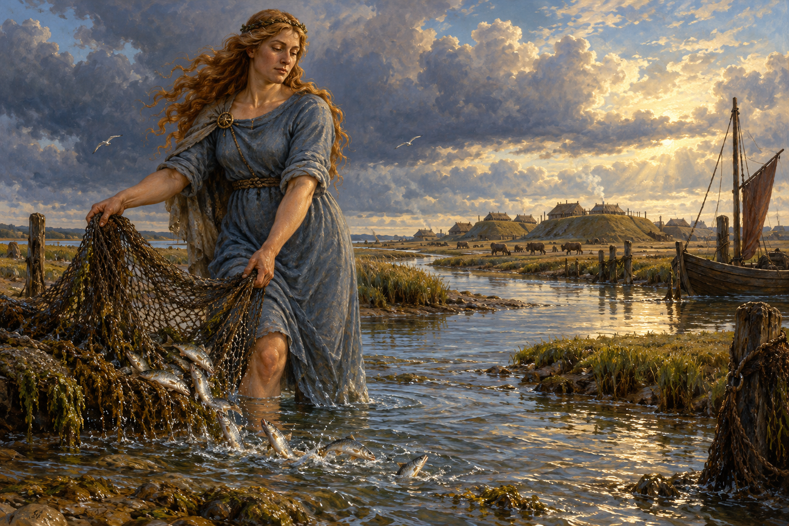 Hludana holds a fishing net in a tidal creek beside boats and dwelling mounds.