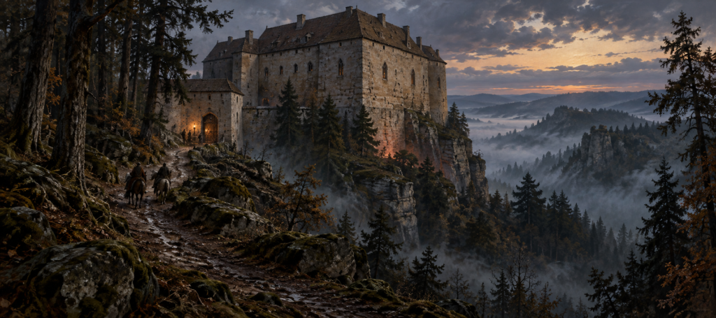 Painted view of Gothic Houska Castle in the misty forests of northern Bohemia, with travellers approaching its gate