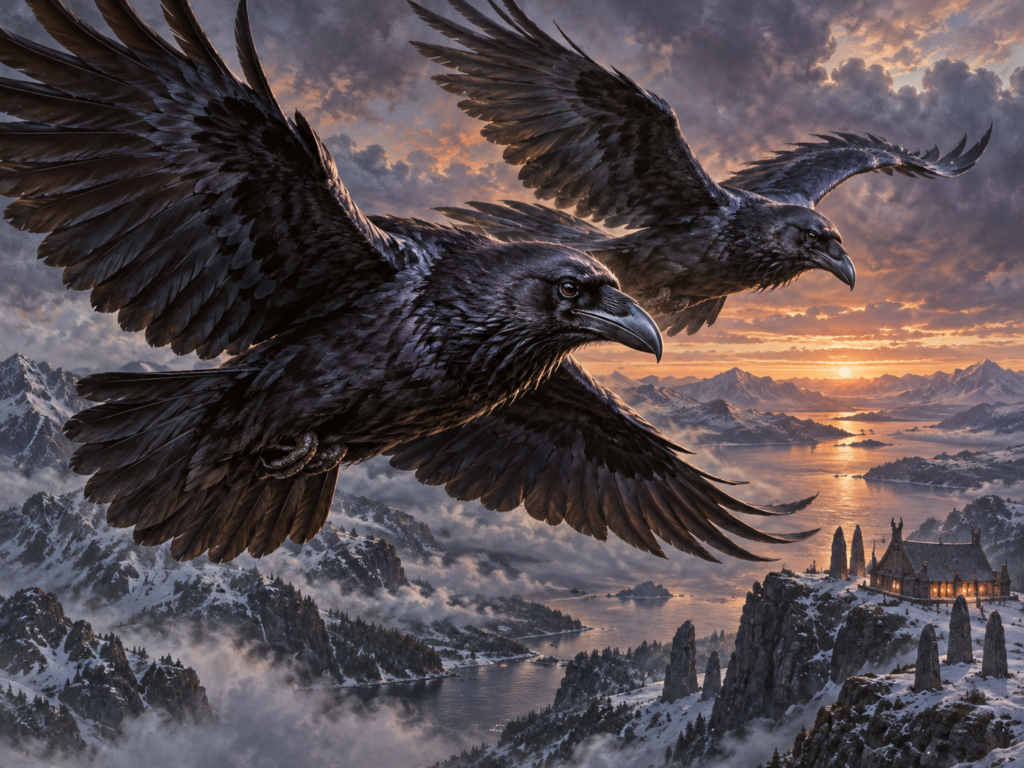 Huginn and Muninn, Odin's two black ravens, flying over a northern landscape