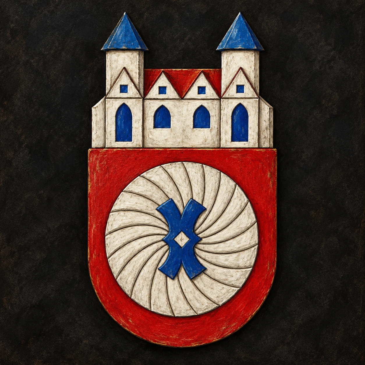 Painted arms of Hameln: a silver millstone and blue millrind on red beneath a twin-towered silver crest.
