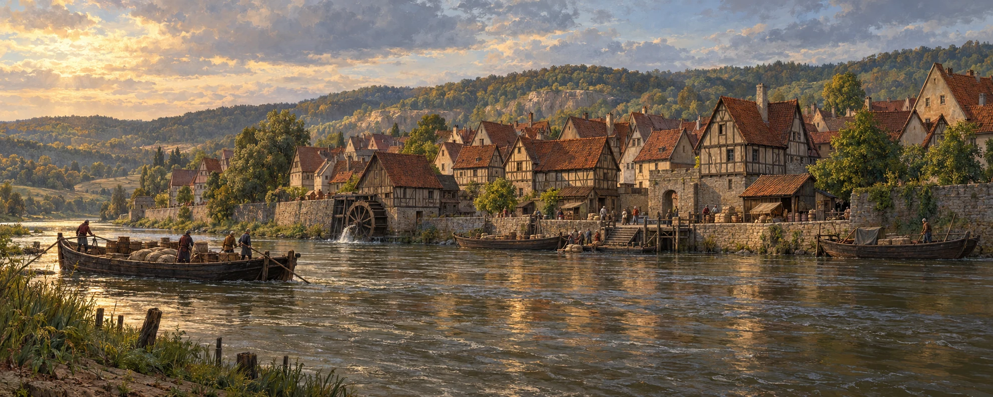 Hameln on the Weser: medieval barges at the Fish Gate, timber houses and a working watermill beneath wooded hills.