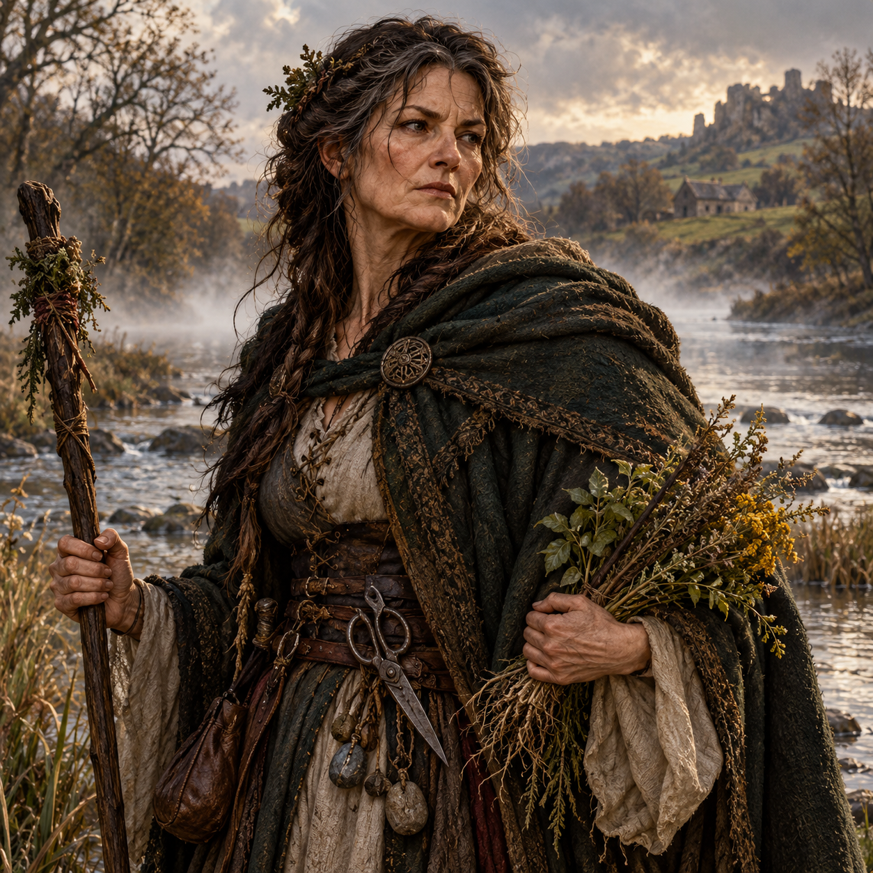 Iseult of the Ford, a medieval river witch and healer wearing a dark green cloak beside the River Wear