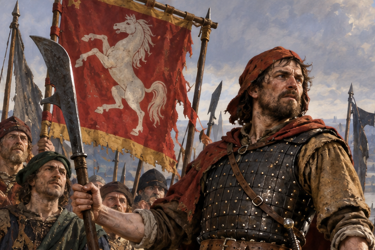 Jack Cade leading the Kentish Rising before London, surrounded by armed rebels and banners