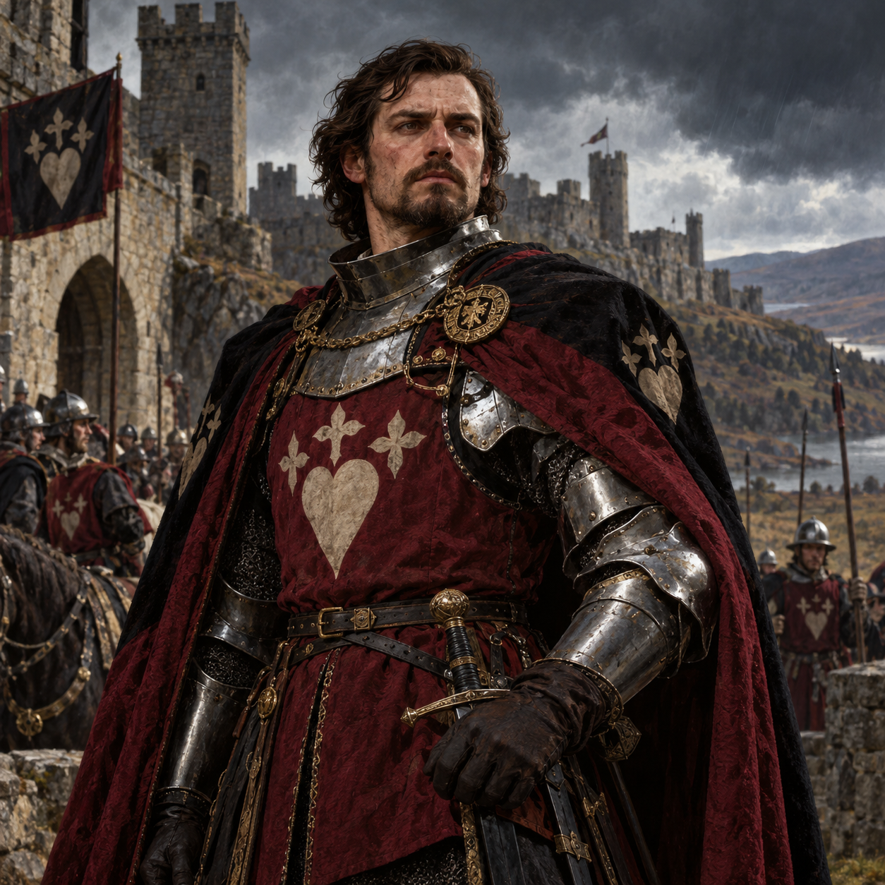 Painted interpretation of James Douglas, 9th Earl of Douglas, in armour and Black Douglas colours before a Scottish fortress