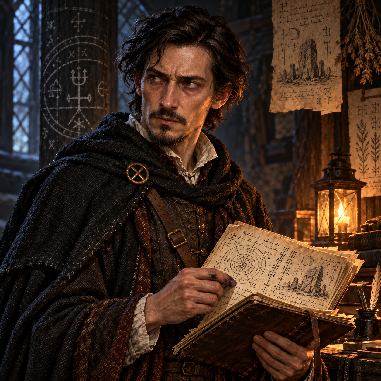 John Fian, wary Scottish occult scholar with a book of magical wards in his lamplit study