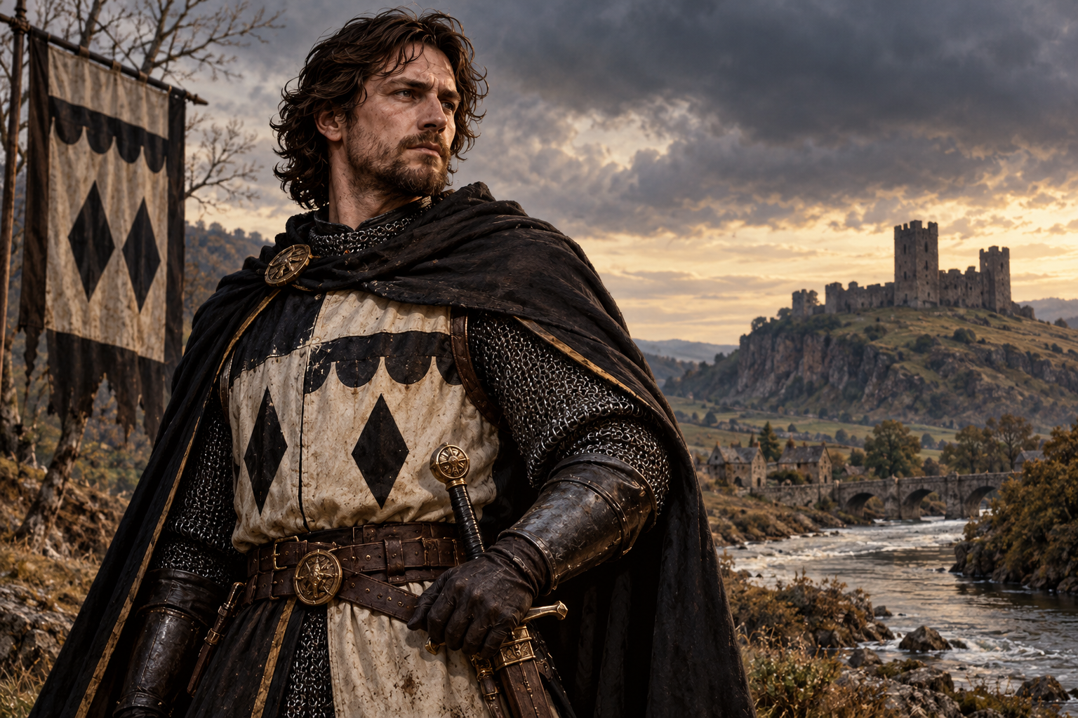 John Lambton, a mailed knight beside the River Wear, with a distant castle beneath storm clouds