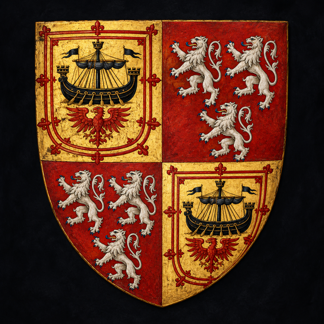 Illustrated quartered heraldic shield of John of Islay, with MacDonald galleys and the three lions of Ross