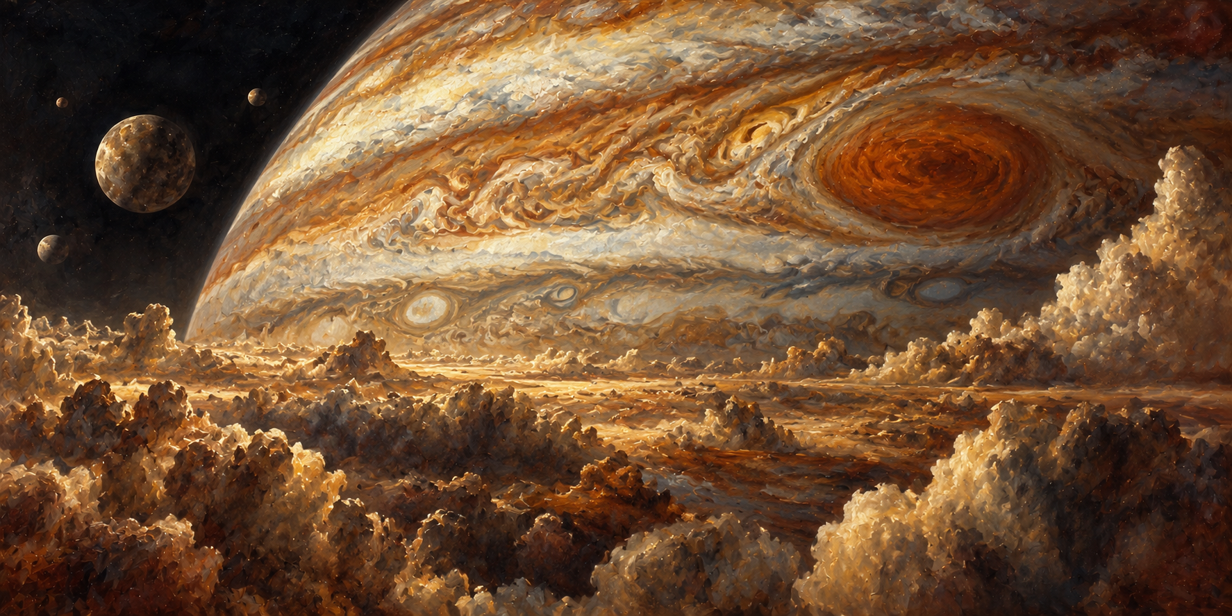 Traditional oil painting of Jupiter’s immense cloud bands and Great Red Spot, with several moons against dark space