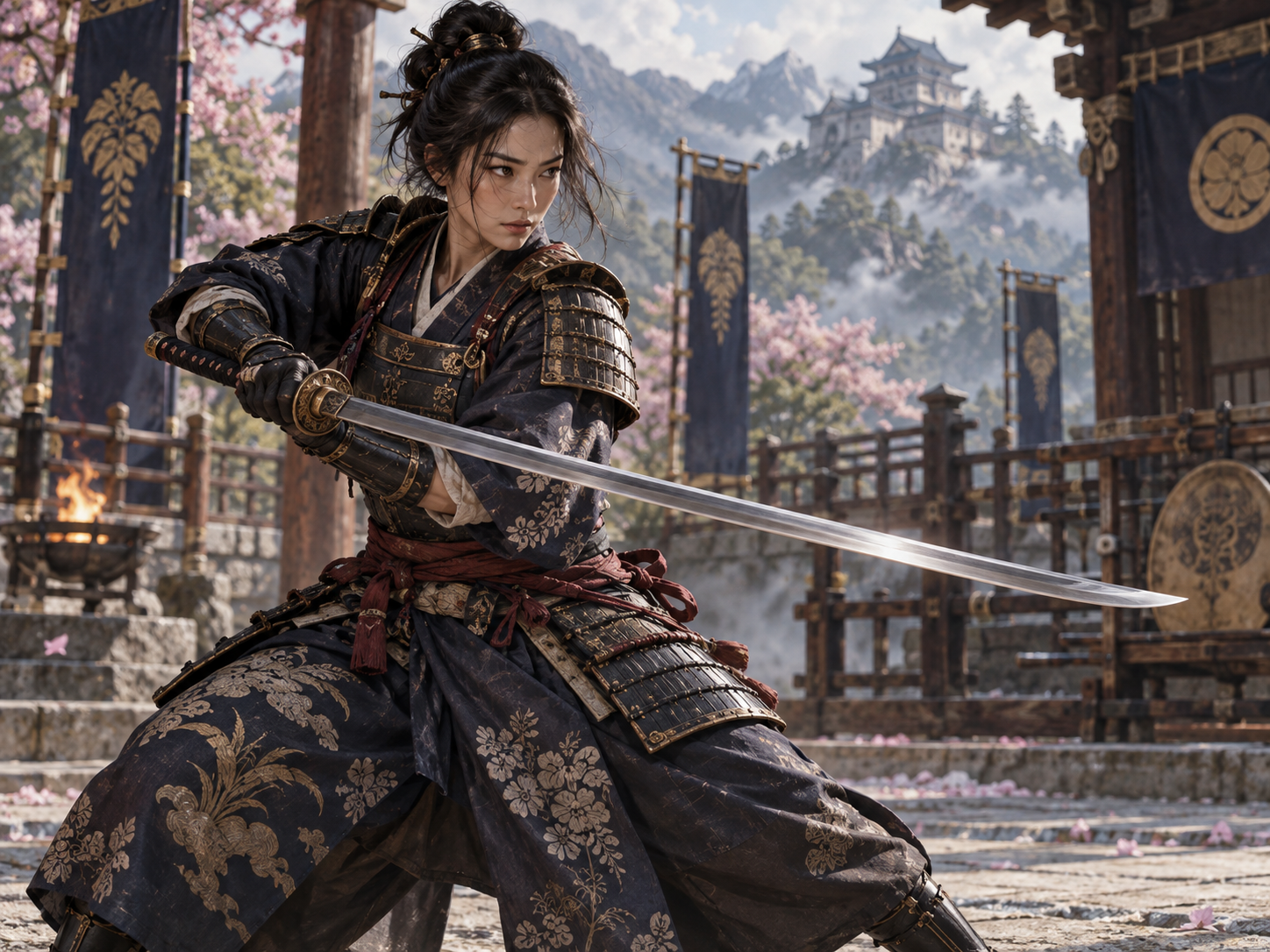 Woman Kensei sword master in a disciplined duelling stance at a mountain school