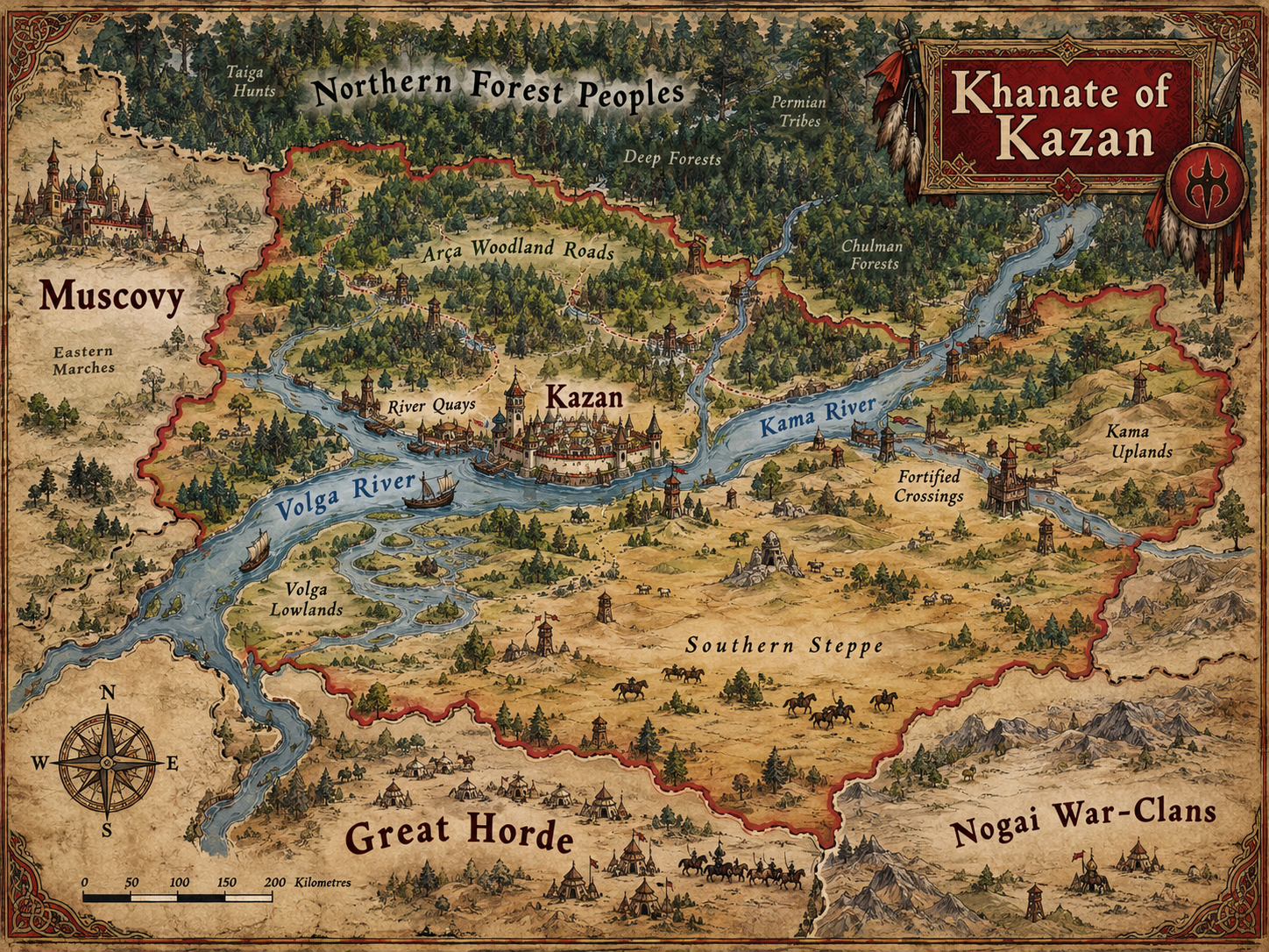 Illustrated Khanate of Kazan campaign map showing Kazan, the Volga and Kama rivers, northern forests, Muscovy, the Great Horde and Nogai war-clans