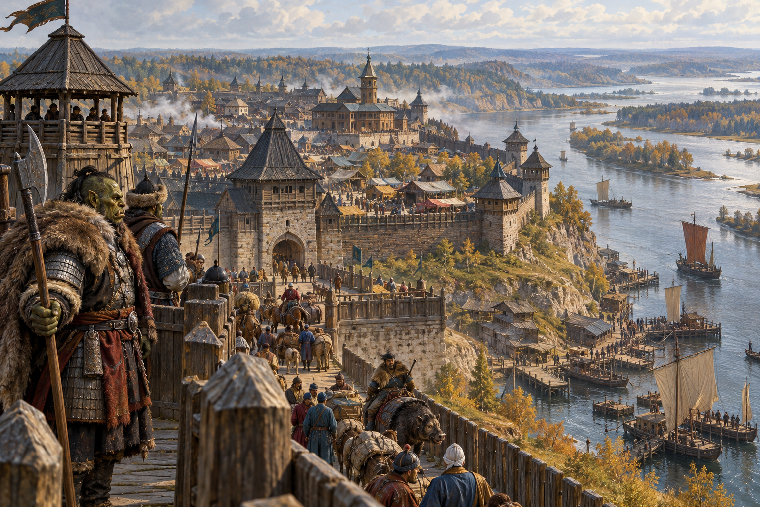 Khanate of Kazan river fortress and trading port on the Volga frontier, guarded by orc warriors