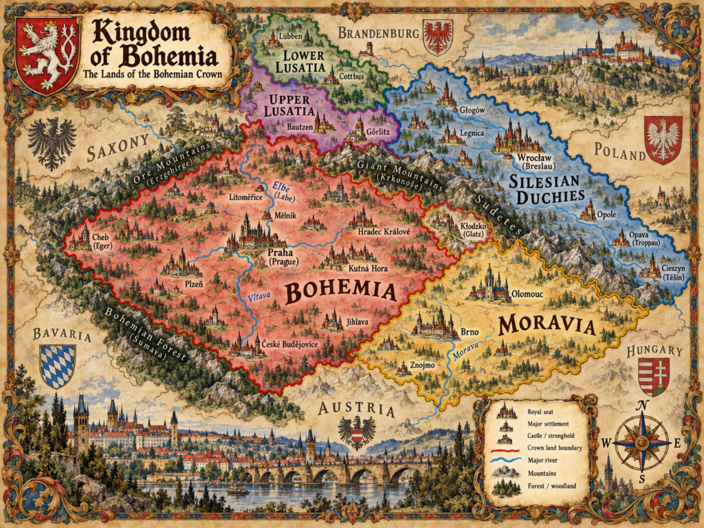 Illustrated campaign map of Bohemia and its crown lands, showing Prague, Moravia, the Silesian duchies, Upper and Lower Lusatia, rivers and mountains