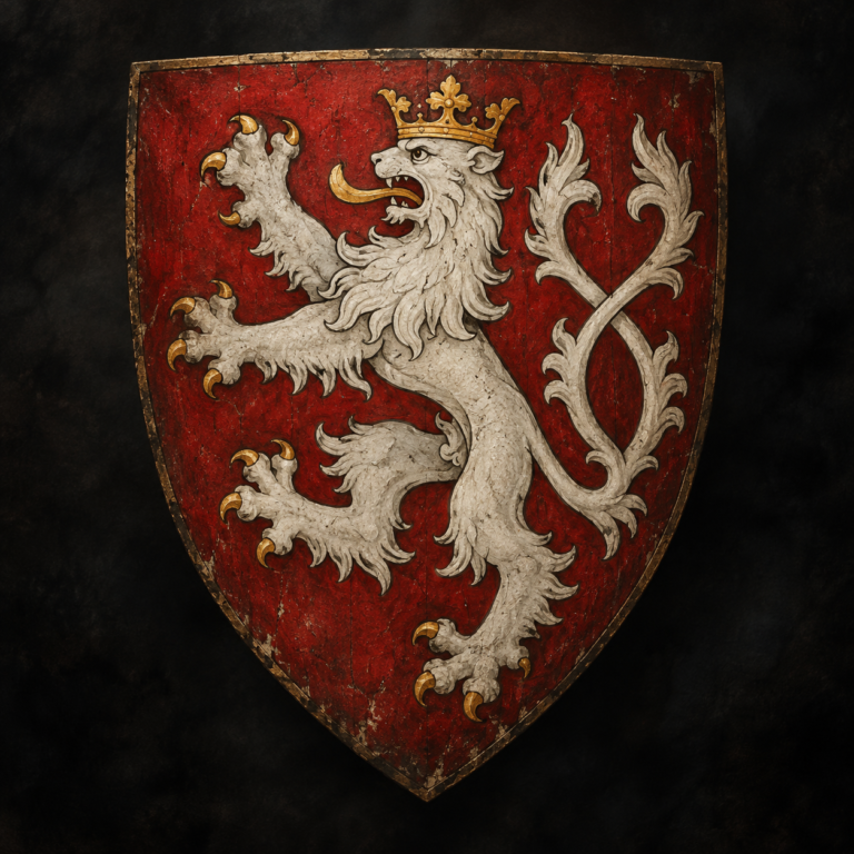Painted heraldic shield of the Kingdom of Bohemia, with a crowned silver double-tailed lion on a weathered red field