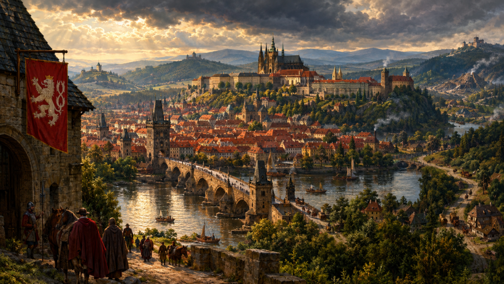 Painted panorama of the royal city of Prague and the Vltava, with the Bohemian lion banner, stone bridge, fortified castle and wooded hills