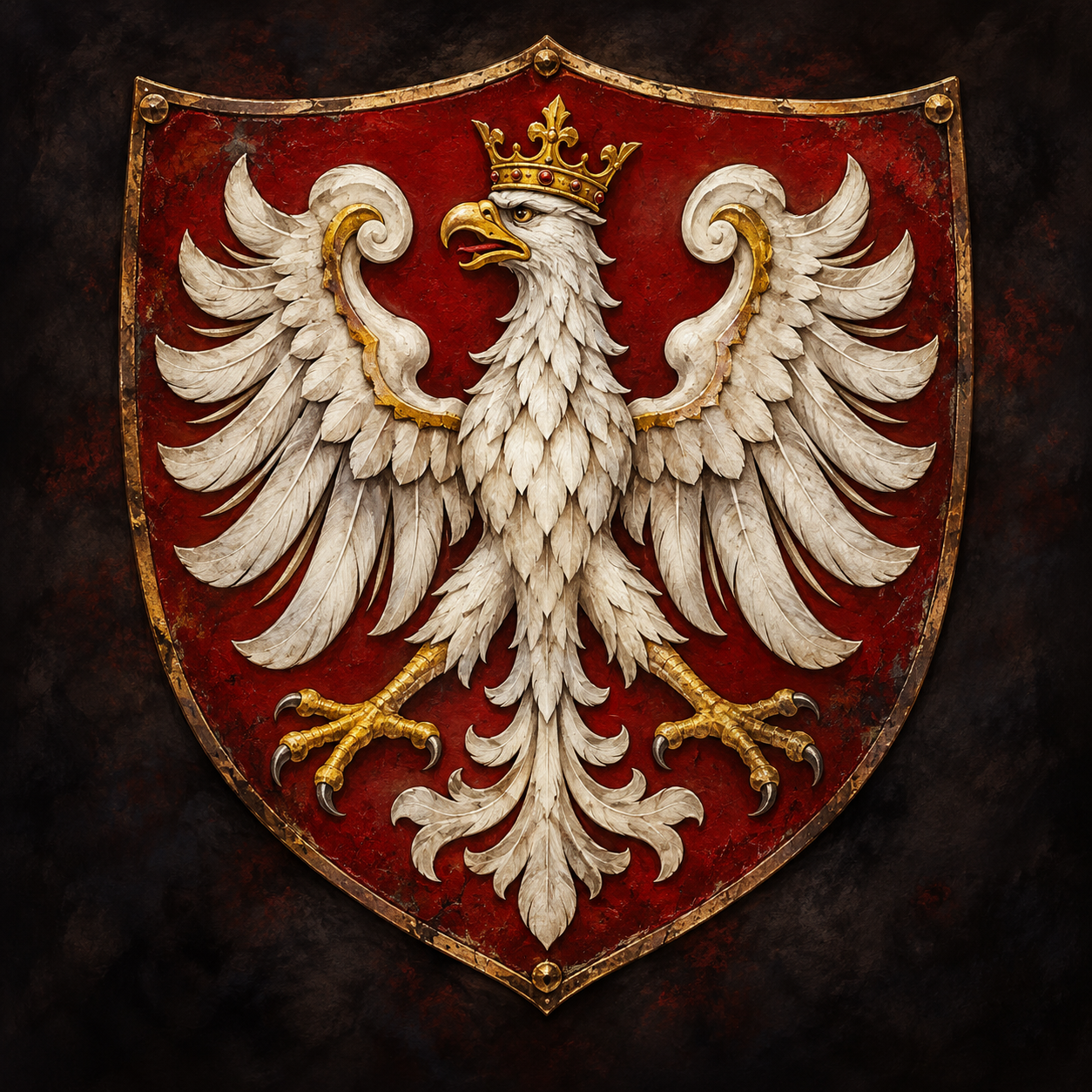 Painted Kingdom of Poland heraldic shield with a crowned white eagle, outspread wings and golden talons on a crimson field