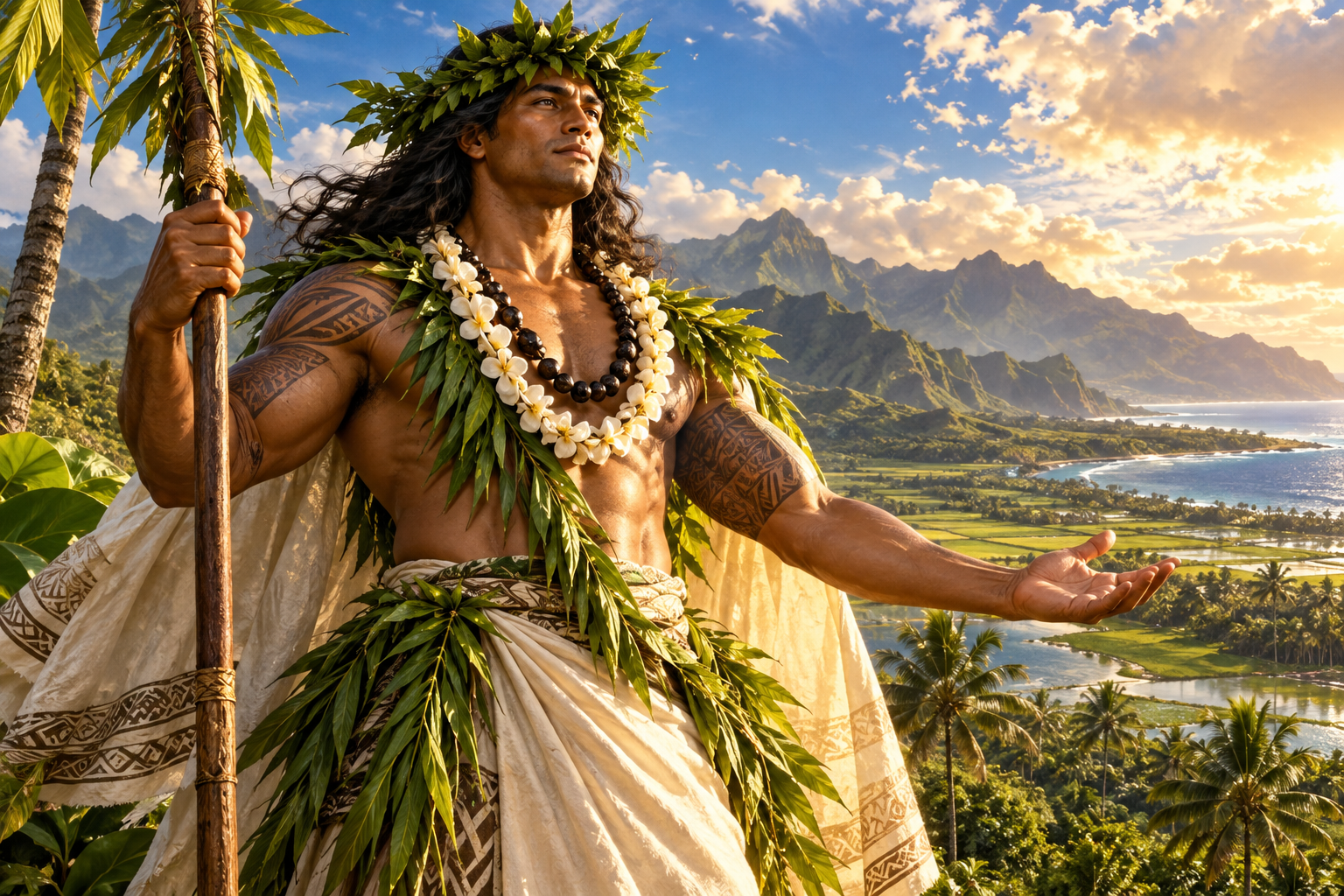 Lono, Hawaiian akua of rain, growth and Makahiki, overlooking a fertile valley