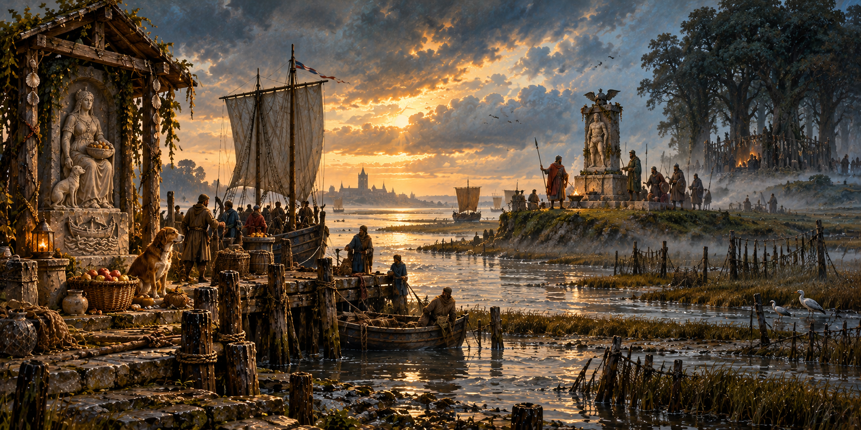 Painted panorama of the Low Countries: sailors at a tidal harbour, sacred river shrines, warriors and an old woodland grove at sunset