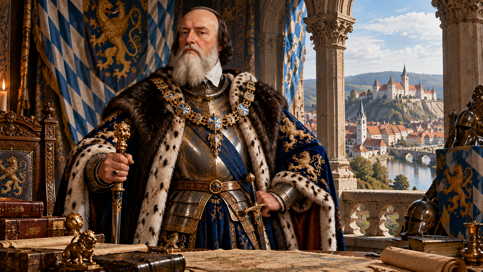 Ludwig IX the Rich with a receding hairline and long pale beard, in a fur-trimmed blue ducal mantle beside maps, with Wittelsbach banners and Landshut in the distance