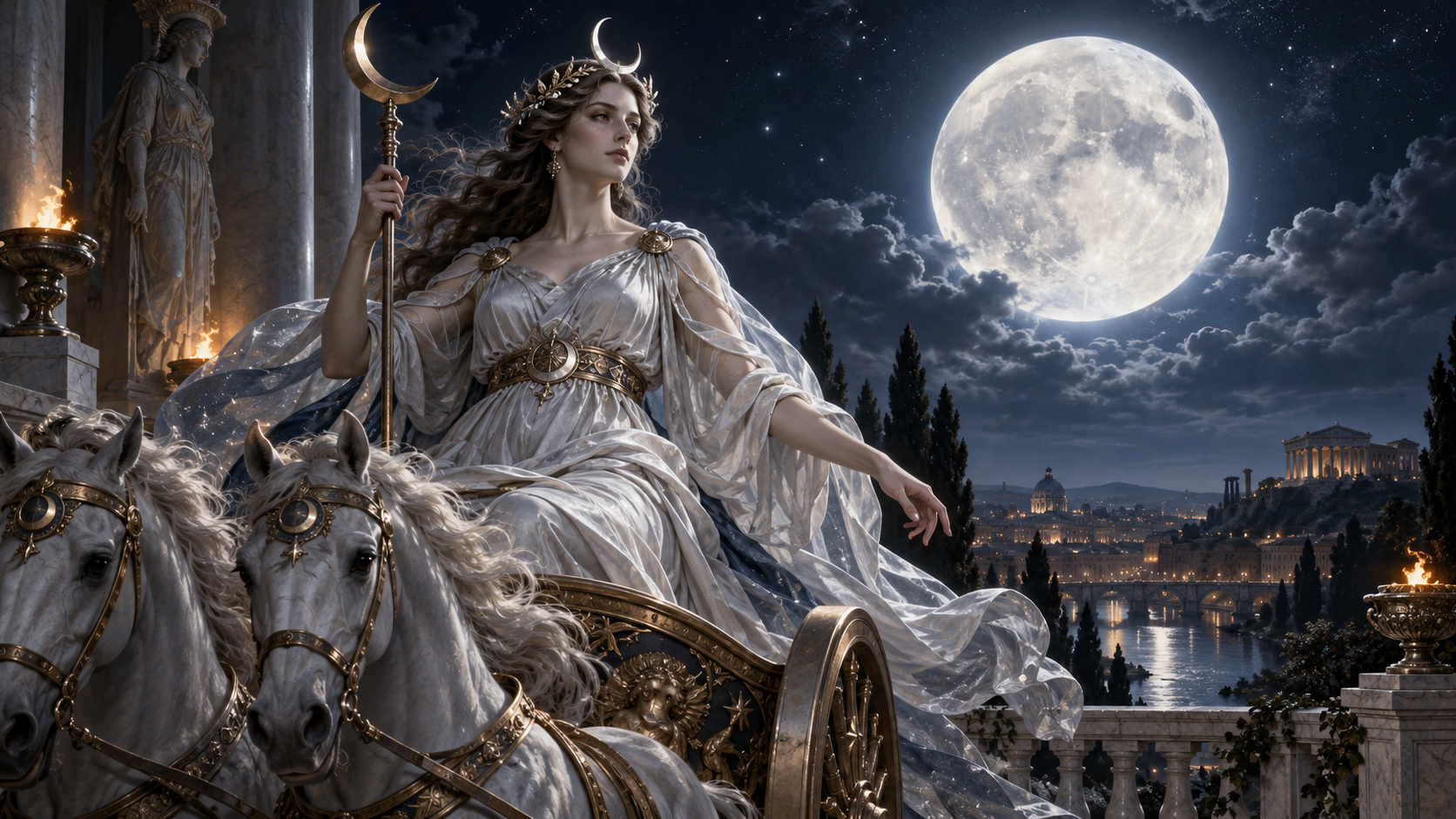 Luna, Roman goddess of the Moon, riding her chariot above Rome at night