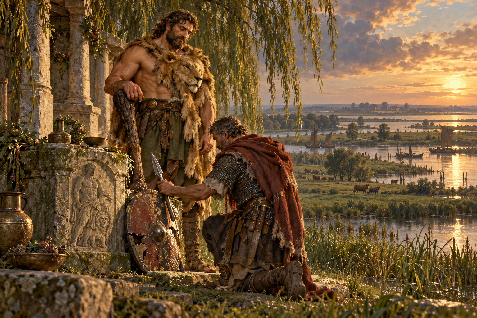 Magusanus receives a veteran’s weapon offering at his sanctuary above the Batavian river delta.