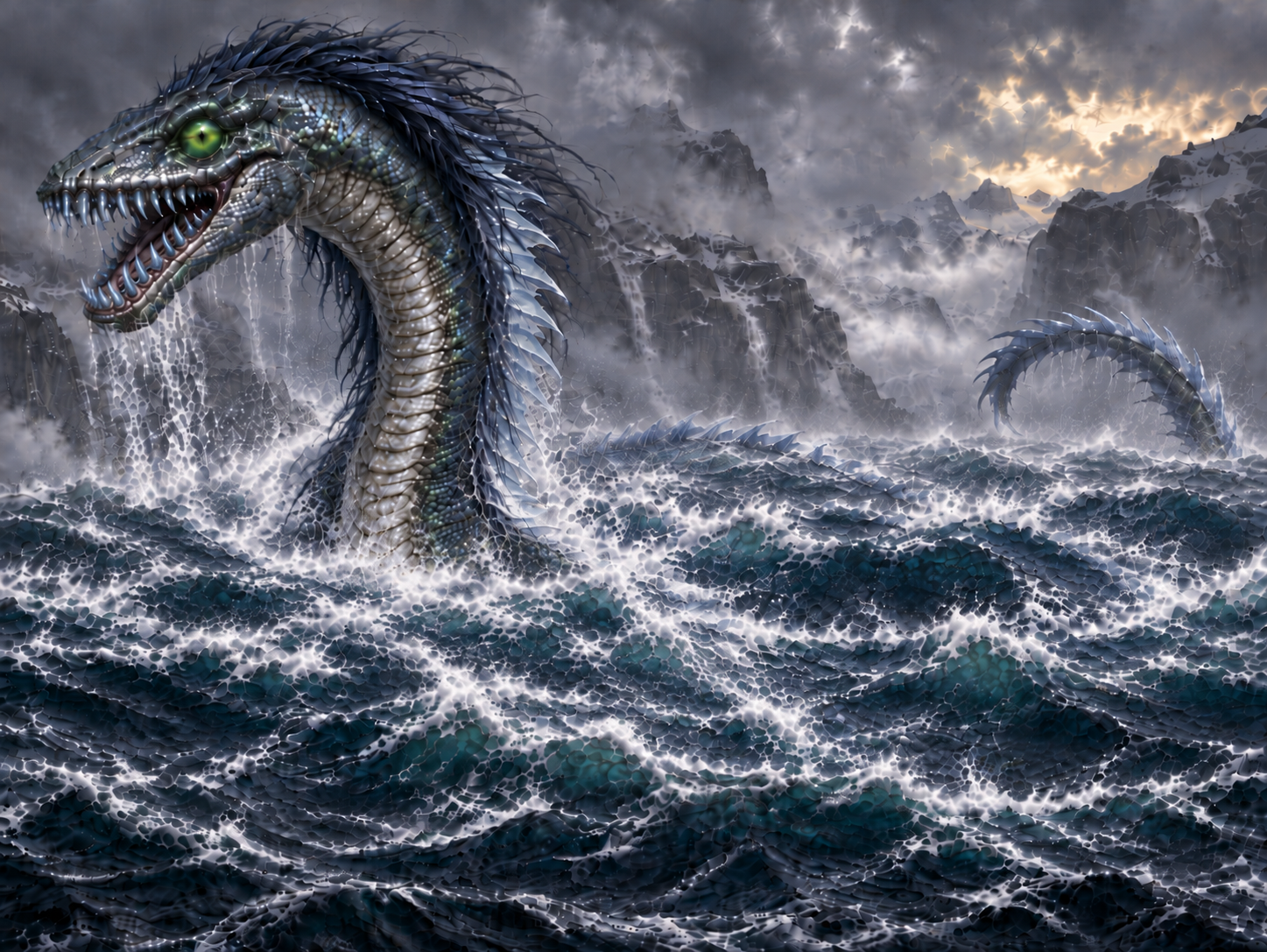 Midgard Linnorm rising from the sea, its immense coiling serpentine body concealed beneath the waves
