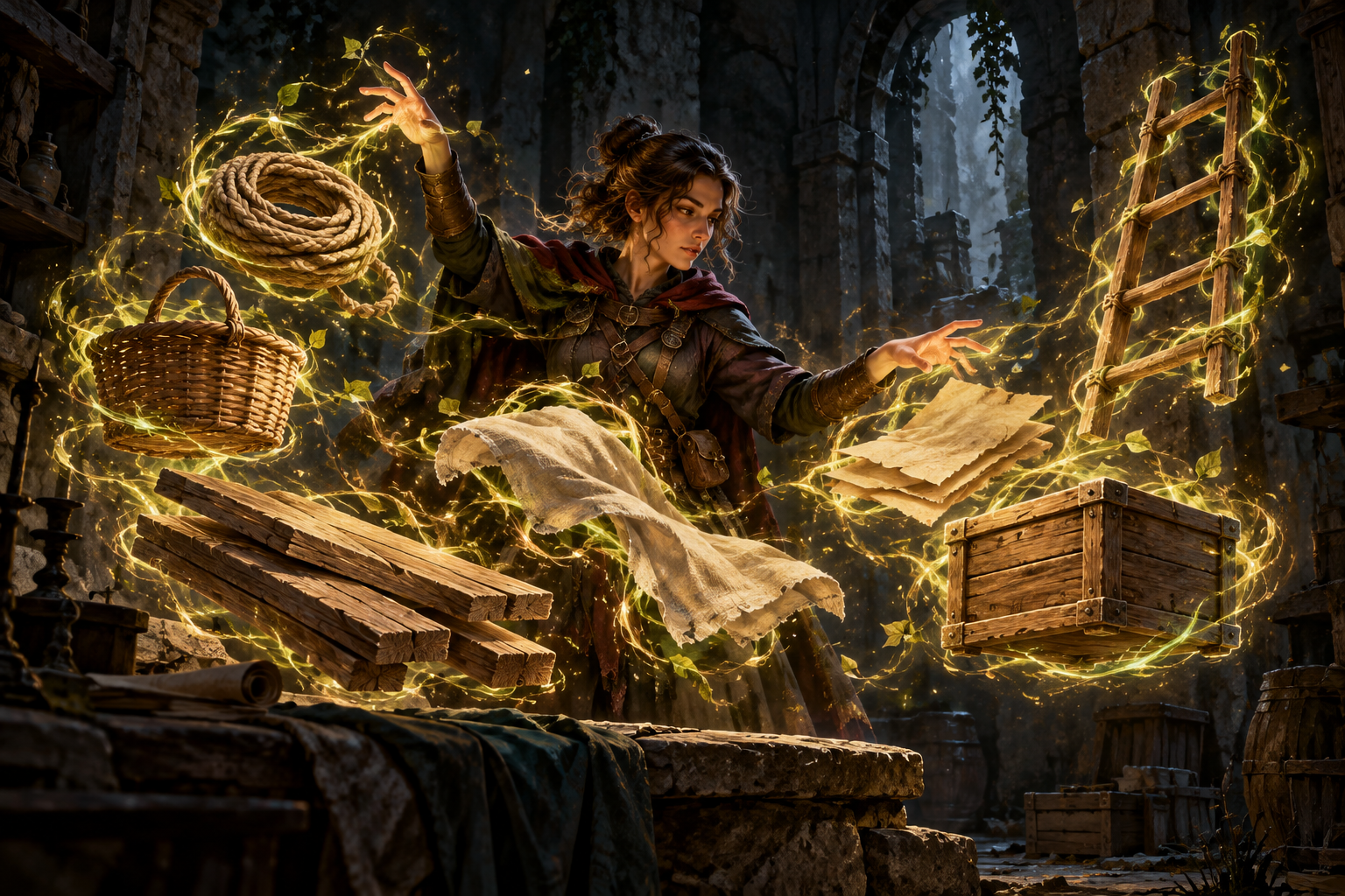A spellcaster conjures rope, wooden boards, woven cloth and practical objects from swirling magic in a dim workshop