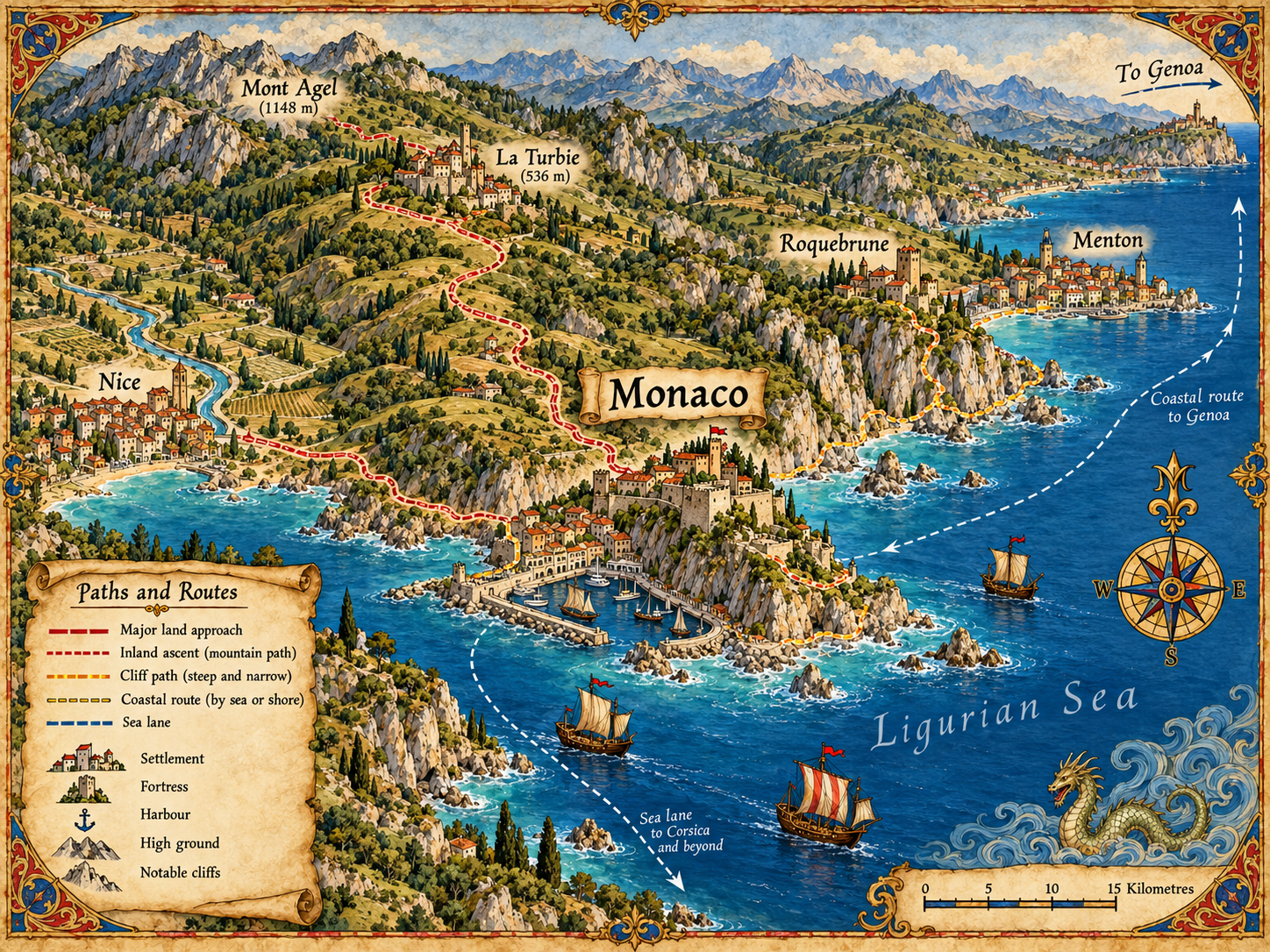 Campaign map of Monaco, the Rock, harbour and surrounding Ligurian coast