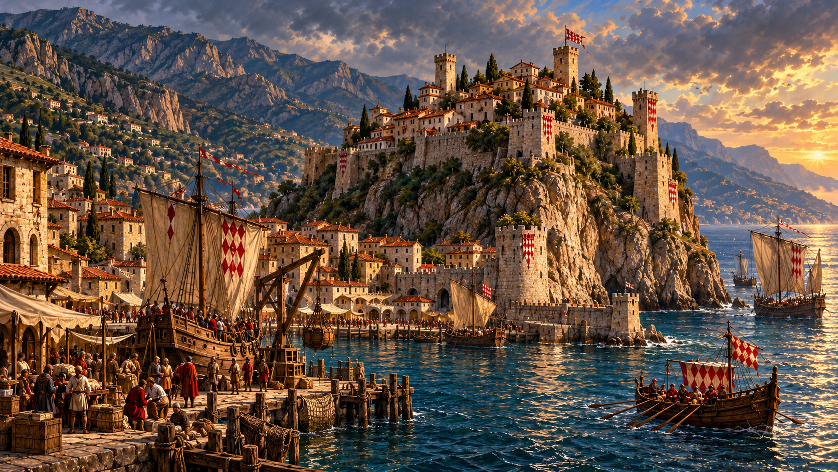 The fortified Rock of Monaco above its medieval harbour and the Ligurian Sea