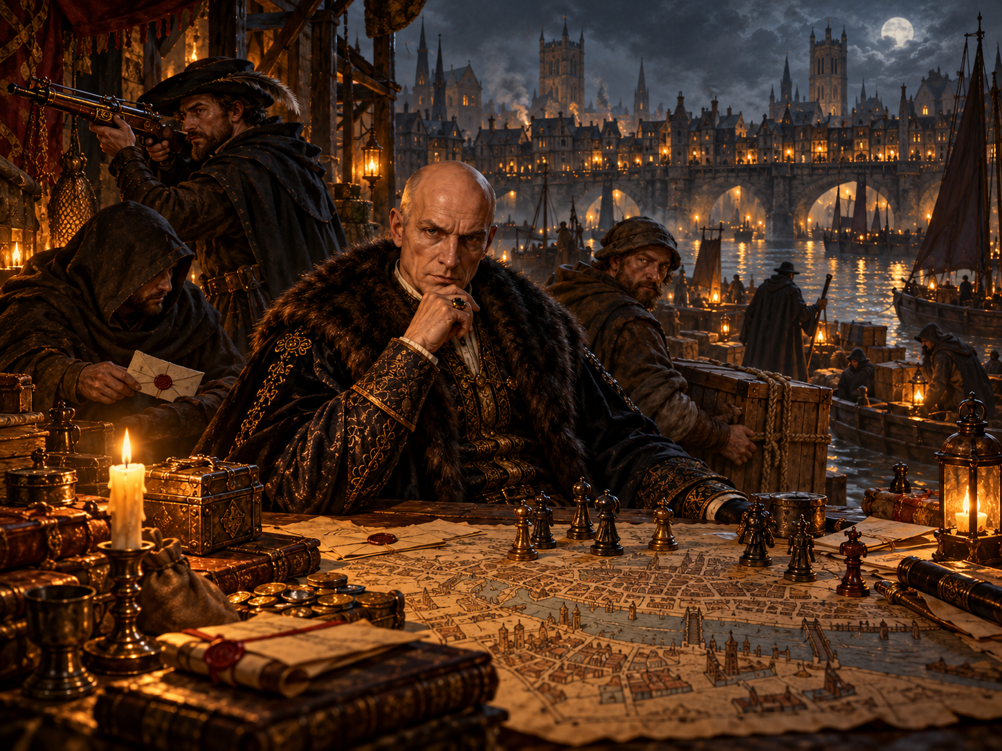 Expanded view of Moriarty and his criminal associates overlooking the moonlit Thames and London Bridge