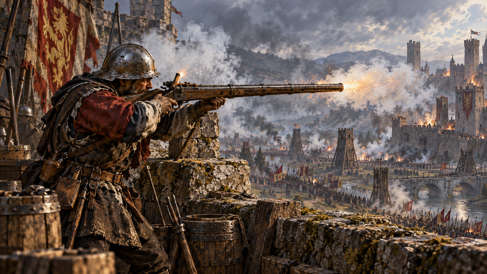 Late-medieval gunner with a rare black-powder musket during a siege