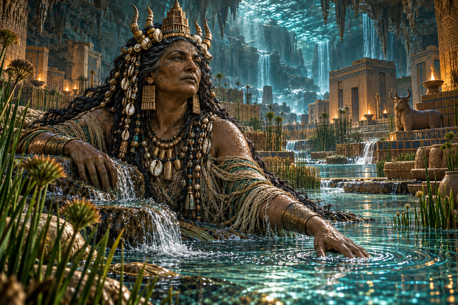 Namma, ancient goddess of the primordial freshwater deep, among the sacred waters of Eridu.