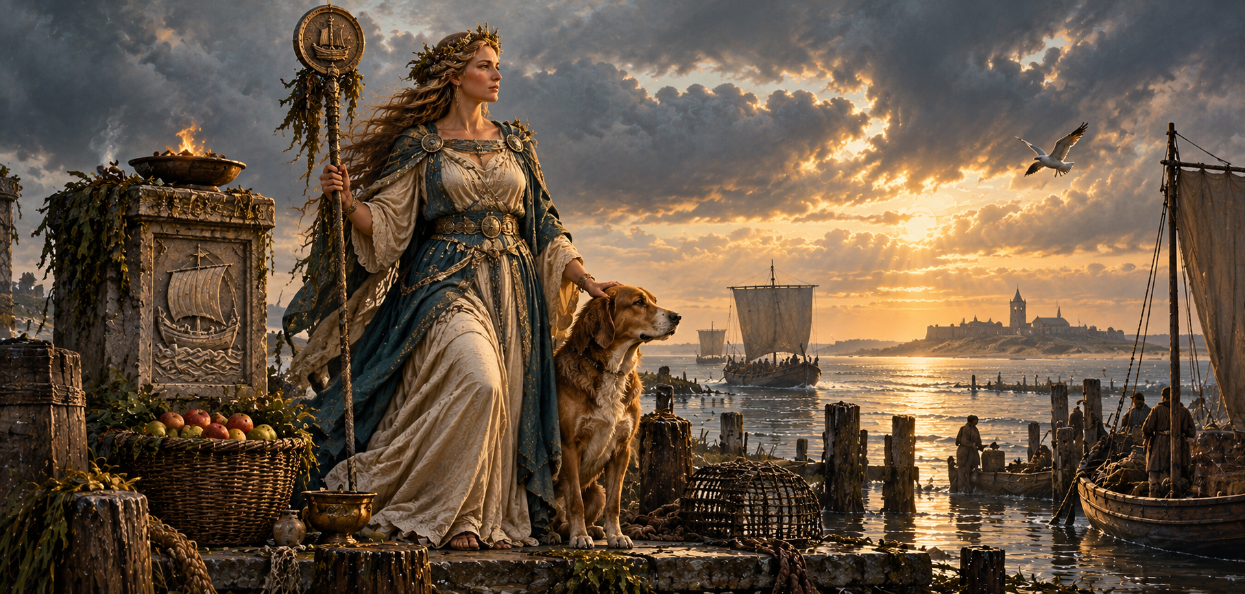 Nehalennia at a Zeeland harbour shrine beside her dog, with fruit offerings, sailing ships and a golden evening sky