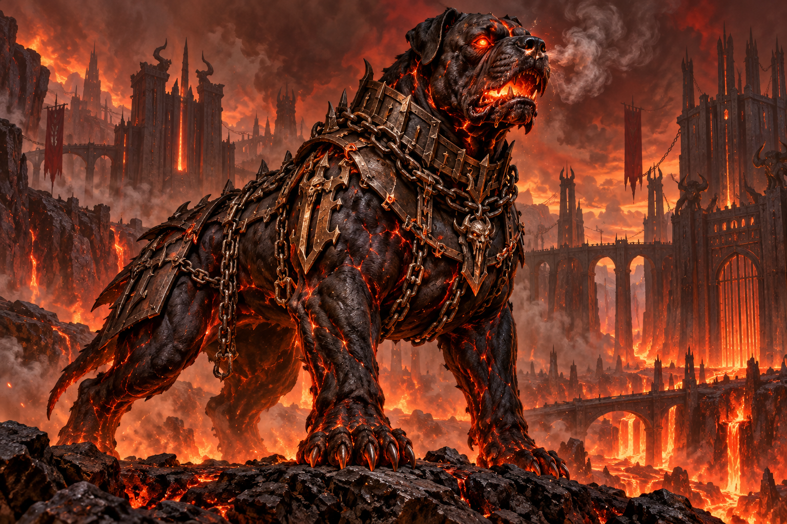 A gigantic coal-black Nessian warhound in spiked infernal barding guards a fiery fortress in Avernus