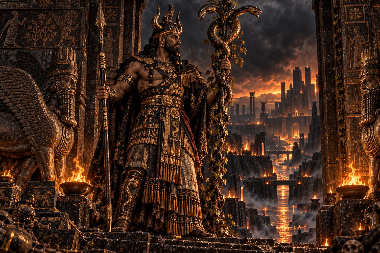Ninazu, Mesopotamian god of the underworld, serpents and war, guarding a chthonic gate.