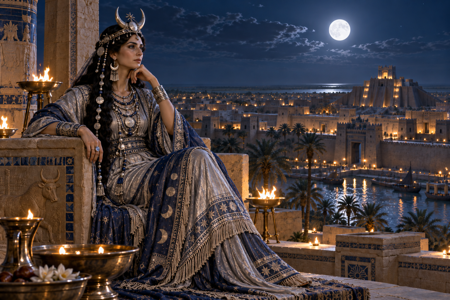 Ningal, Great Lady of Ur, overlooking the moonlit city and its temple precinct.