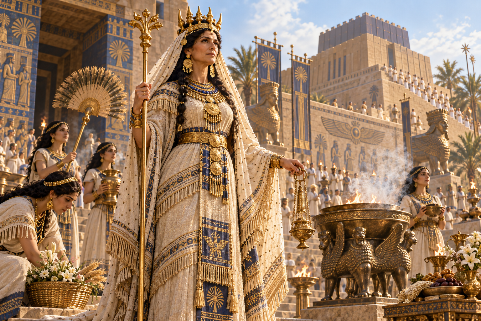 Ninlil, divine queen of Nippur, standing in a Mesopotamian temple court.