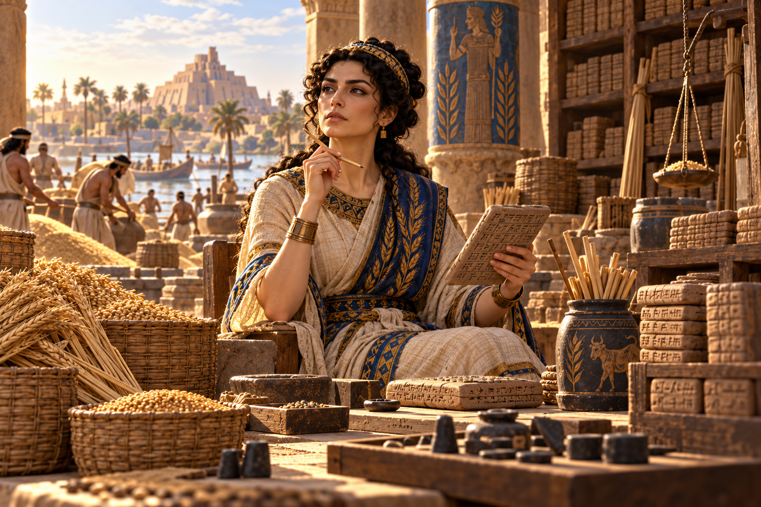 Nisaba, Sumerian goddess of grain and writing, among tablets, measures and stored grain.