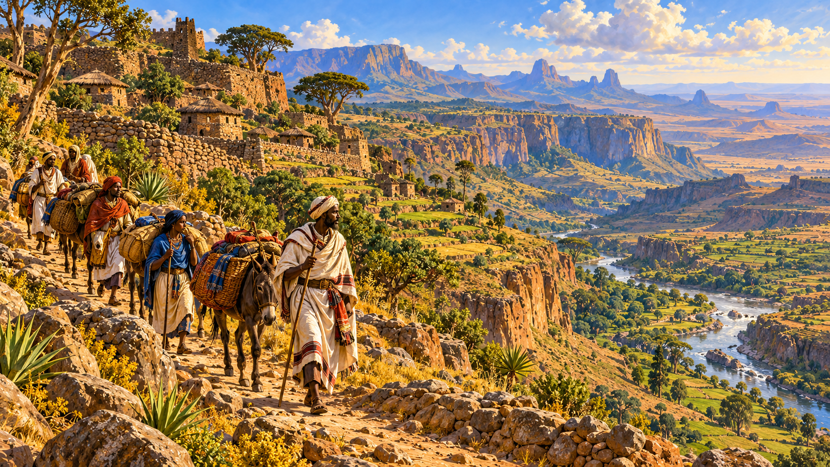 Painted caravan road through Ethiopian escarpments, terraced fields and a stone-walled highland settlement