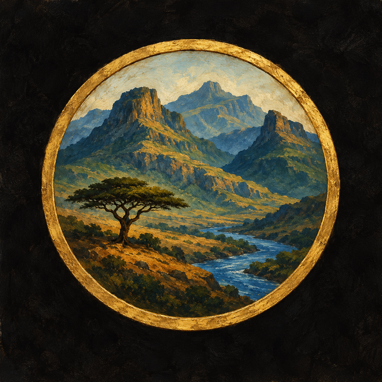 Painted gold-edged medallion with Ethiopian highland ridges, an acacia and a blue river on a dark background