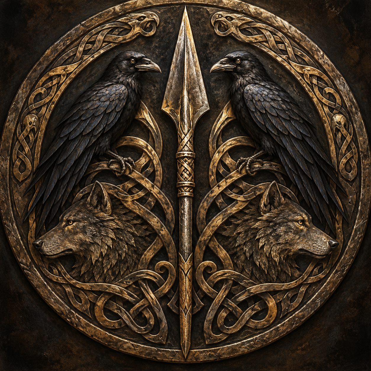 Odin’s sacred emblem: Gungnir between Huginn and Muninn, with Geri and Freki beneath