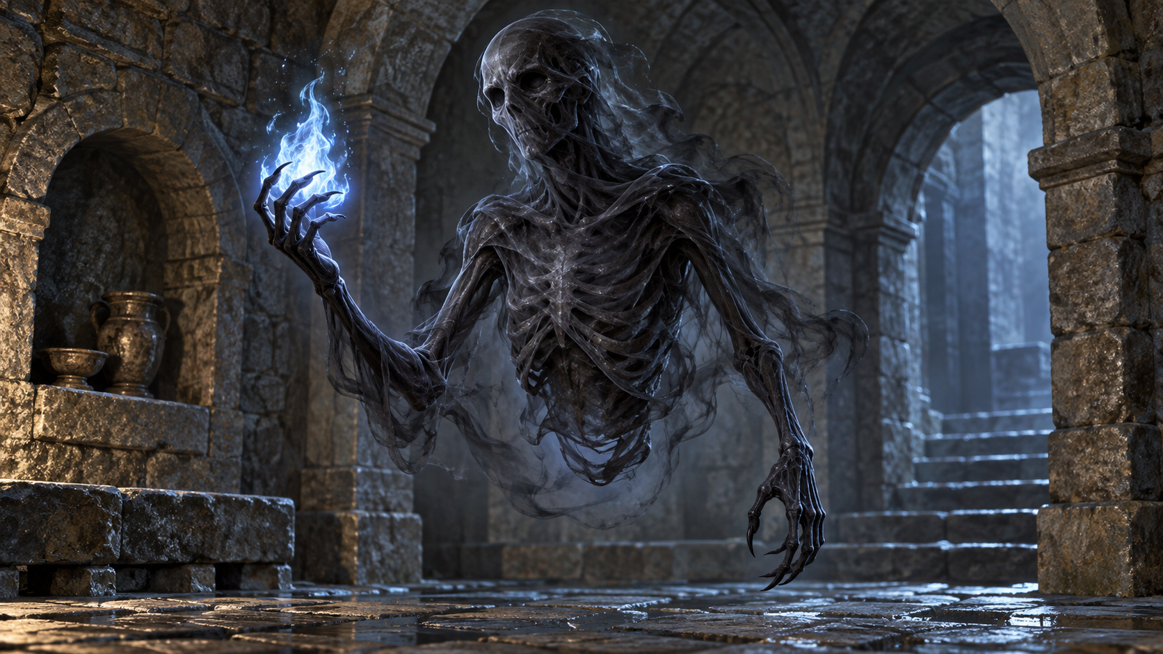 A legless Owb floats above a stone floor, its skeletal torso veiled in liquid shadow as it conjures a pale flame of burning cold.