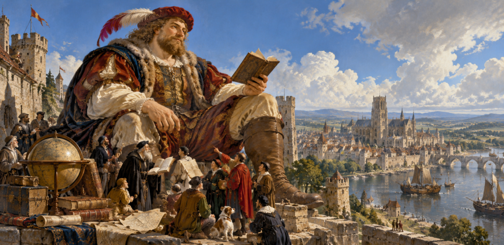 Pantagruel, a colossal learned French giant prince holding a book above a medieval riverside city, with scholars gathered near his feet