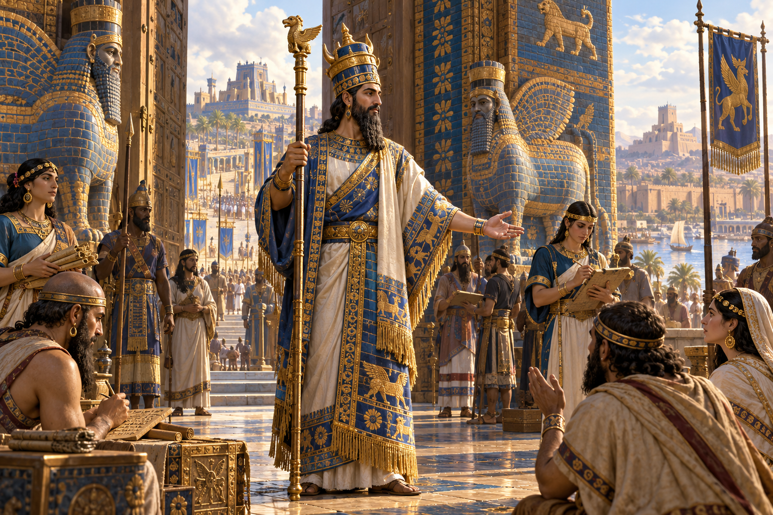 Papsukkal or Ninshubur, divine vizier and messenger, presiding at a monumental Mesopotamian gate.