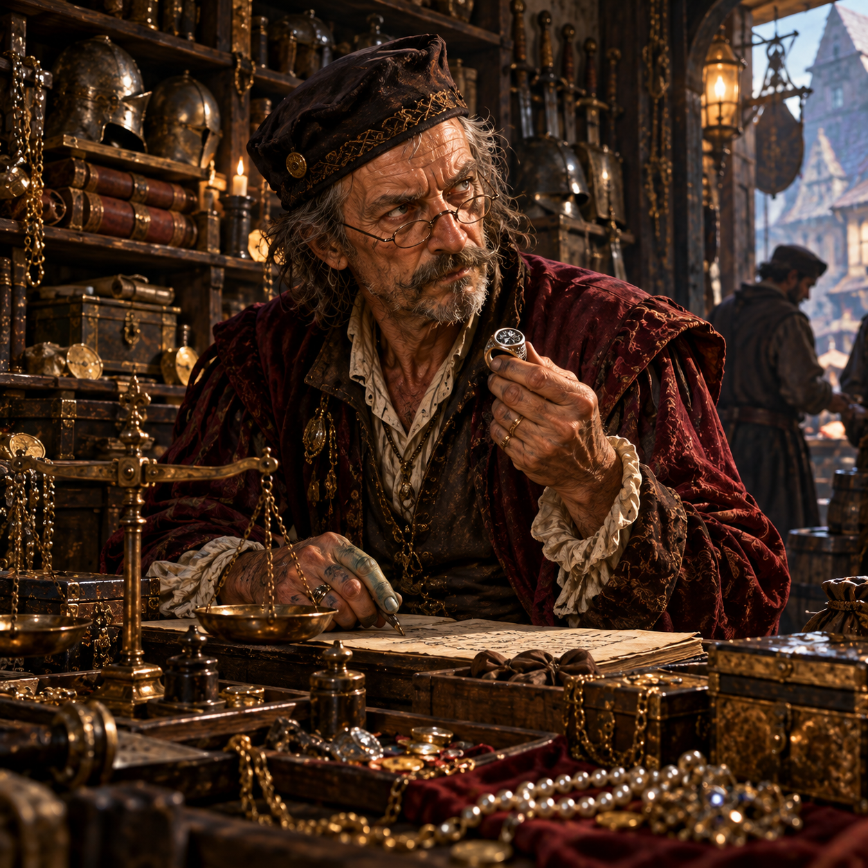 Pawnbroker appraising a ring at a market shop counter surrounded by scales, ledgers, jewellery and second-hand goods