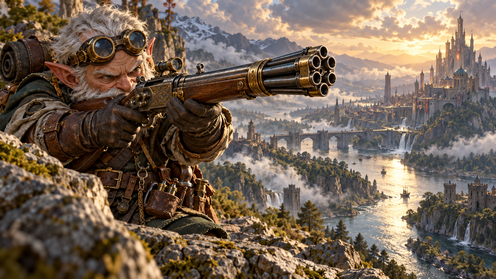 Gnome marksman aiming an advanced pepperbox rifle over a river valley