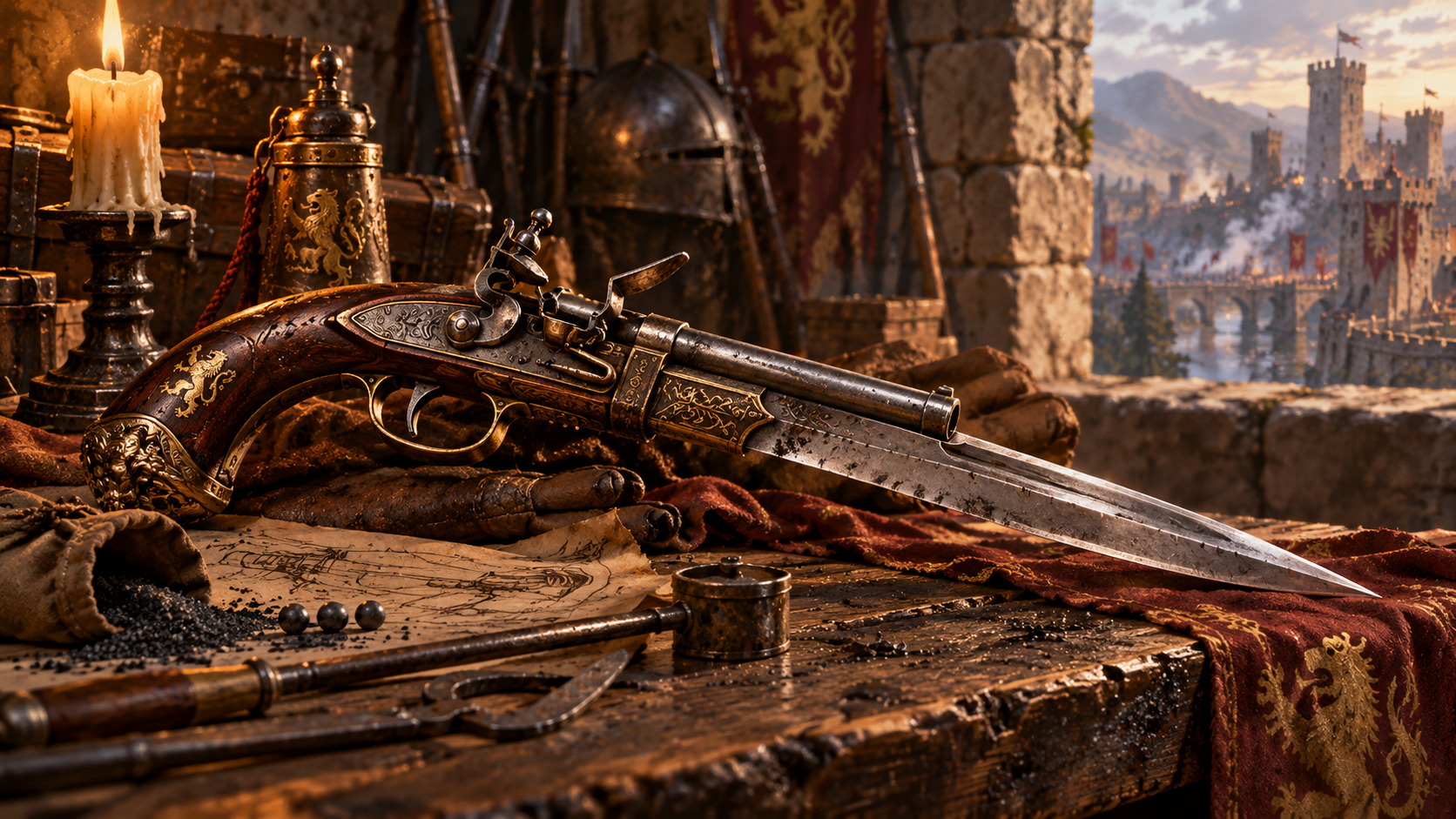 Ornate pistol dagger combination weapon on a medieval workbench