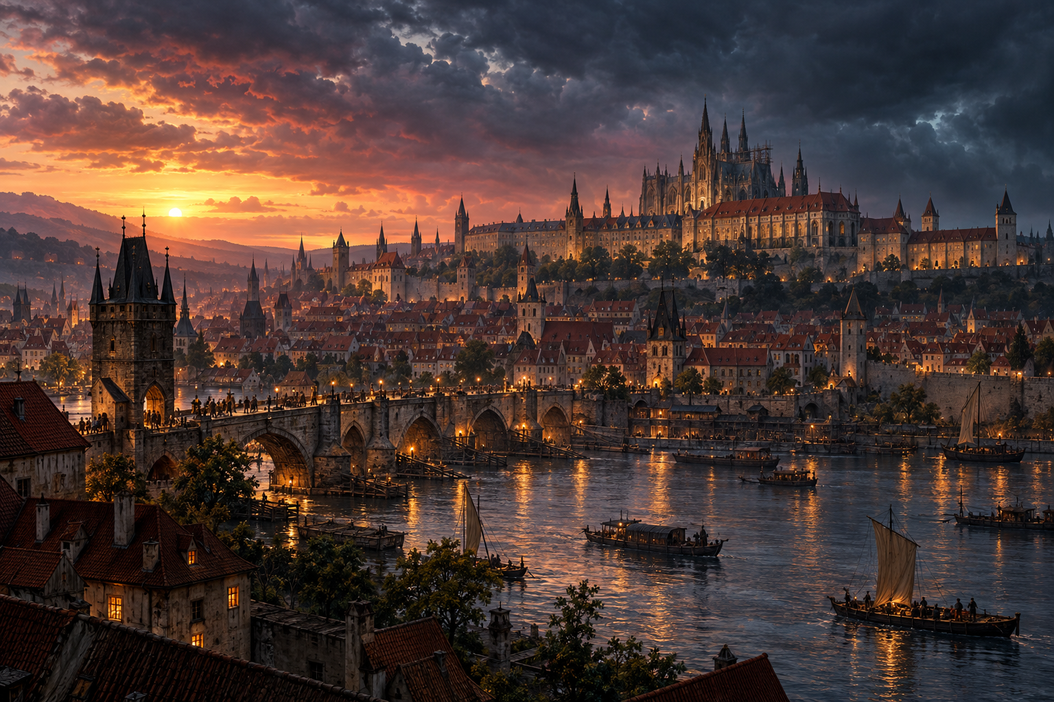 Prague in Bohemia at dusk, with the Vltava river, a fortified Gothic stone bridge and Prague Castle rising above the medieval city