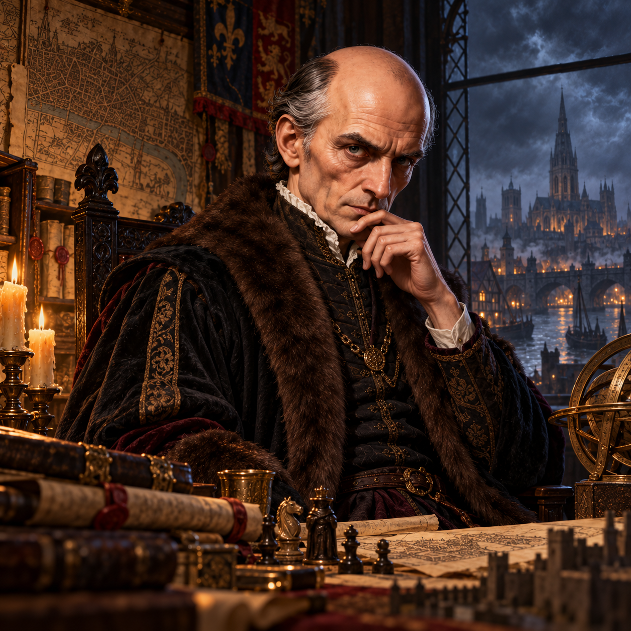 Enlarged portrait of Professor Moriarty at work in his candlelit study