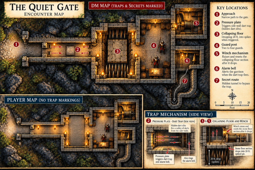 Dungeon Master and player maps for The Quiet Gate showing a pressure-plate dart trap, a separate collapsing floor into a spiked pit, a winch chamber, guards, alarm bell and secret bypass.